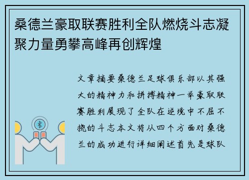桑德兰豪取联赛胜利全队燃烧斗志凝聚力量勇攀高峰再创辉煌