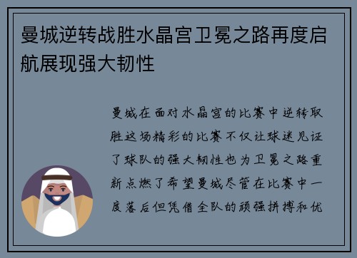 曼城逆转战胜水晶宫卫冕之路再度启航展现强大韧性 曼城逆转战胜水晶宫卫冕之路再度启航展现强大韧性