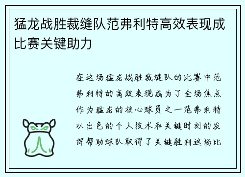 猛龙战胜裁缝队范弗利特高效表现成比赛关键助力 猛龙战胜裁缝队范弗利特高效表现成比赛关键助力