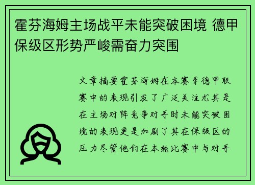 霍芬海姆主场战平未能突破困境 德甲保级区形势严峻需奋力突围