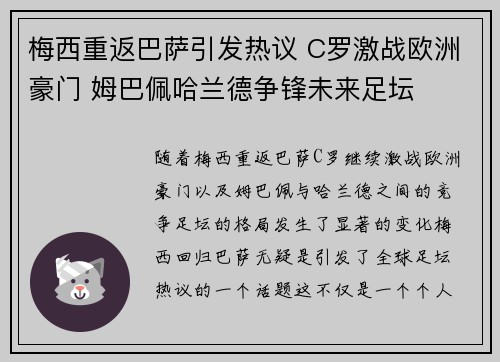 梅西重返巴萨引发热议 C罗激战欧洲豪门 姆巴佩哈兰德争锋未来足坛 梅西重返巴萨引发热议 C罗激战欧洲豪门 姆巴佩哈兰德争锋未来足坛
