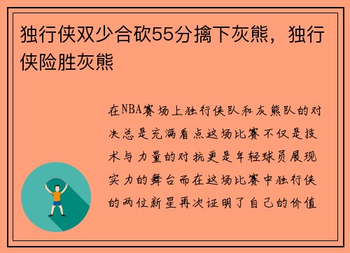 独行侠双少合砍55分擒下灰熊，独行侠险胜灰熊