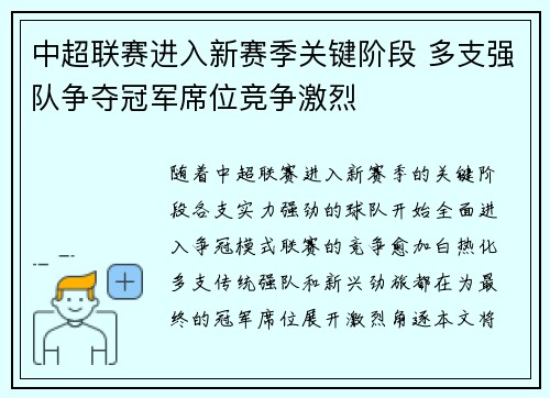 中超联赛进入新赛季关键阶段 多支强队争夺冠军席位竞争激烈